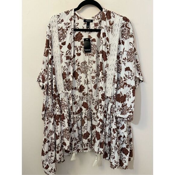 Torrid Lace Trim Tie Waist Kimono Brown Floral 2 - Picture 1 of 6